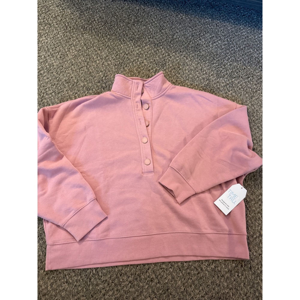 Time and Tru Women Rose Herb Pink Quarter Button Fleece Pullover Sweatshirt L